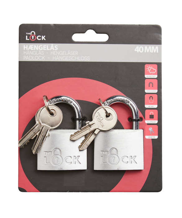 Hængelås m/to nøgler 40 mm aluminium - 2-pk.